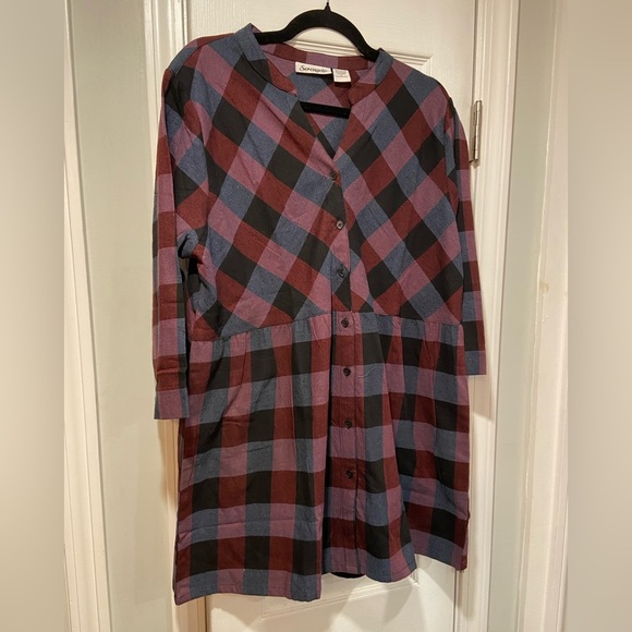 NWOT Serengeti Size L Long Sleeve Black Burgundy Check Flannel Button Mini Dress - Picture 4 of 12